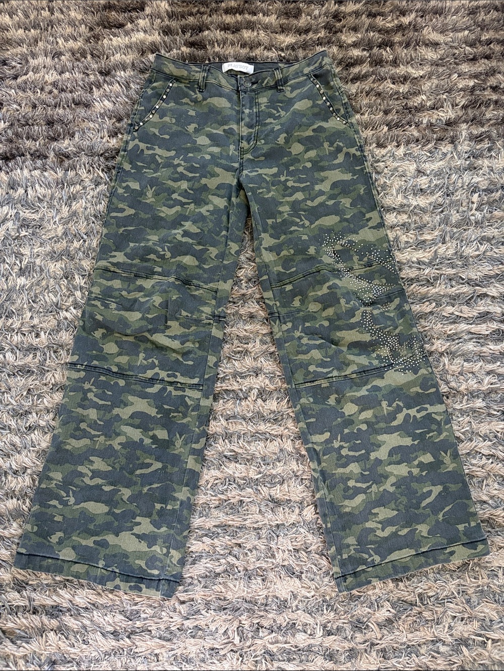 Playboy Green Camo With Logo Jeweled Embellishment Wide-Leg Jeans Size 28 NWOT